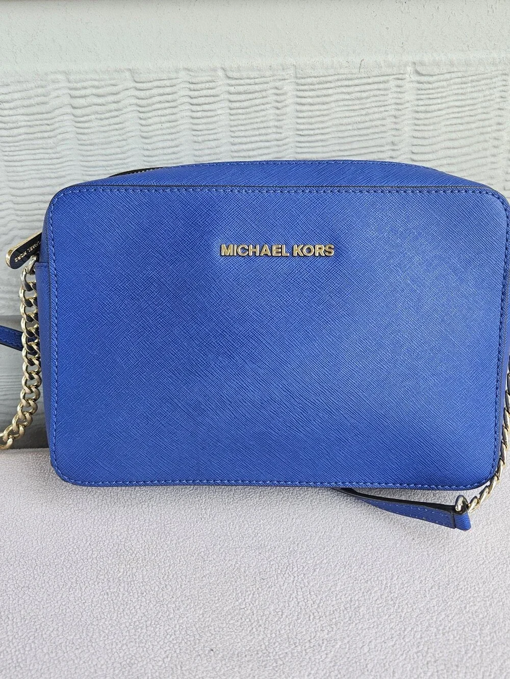 Michael Kors Jet Set Crossbody Purse Handbag Saffiano Leather Blue Chain Strap